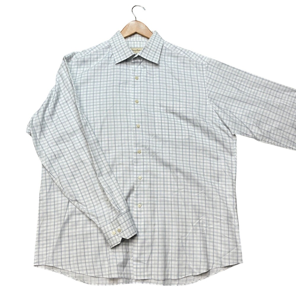 Tommy Bahama Mens Dress Shirt 16.5 34/35 White Blue Green Grid Plaid Long Sleeve